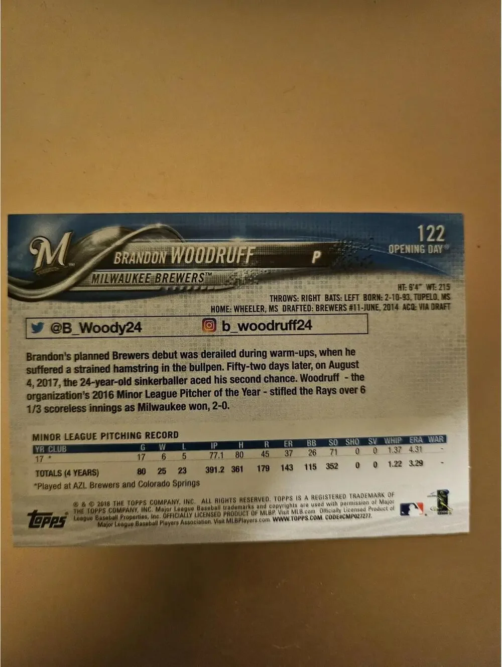 Brandon Woodruff #122 Purple Foil 2018 Topps Opening Day Rookie RC - RAW Mint - Picture 2 of 2